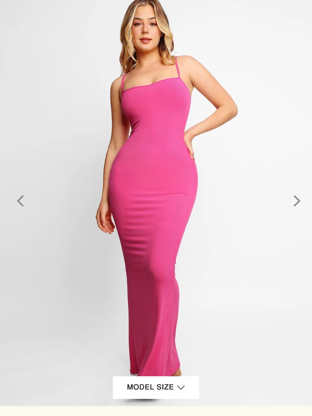 POPILUSH ribbed Pink Spaghetti-Strap Maxi Dress built in Shapewear